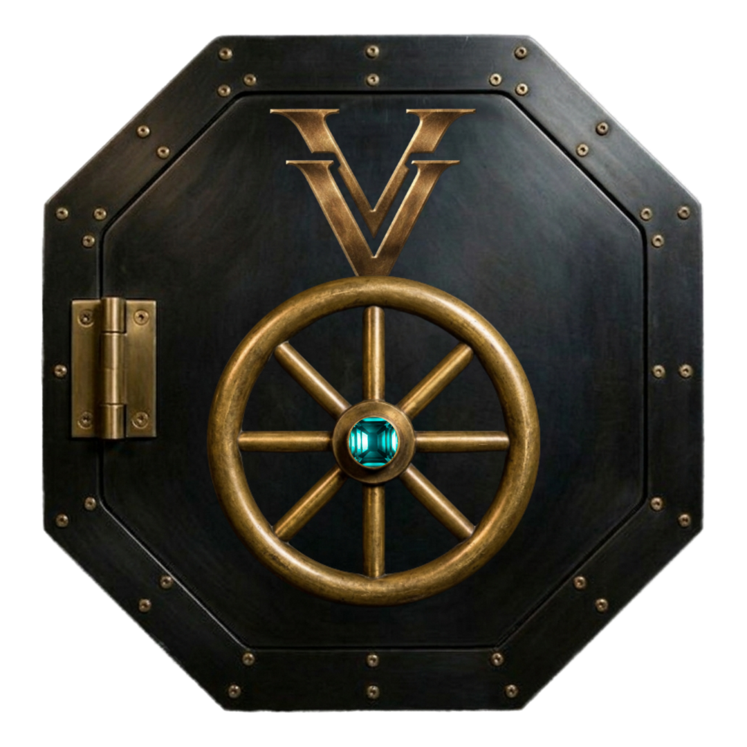 Animated VerticalVault logo: a gold vault wheel with a glowing teal gem at center